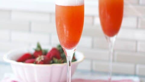 Strawberry Rhubarb Mimosa in champagne flutes