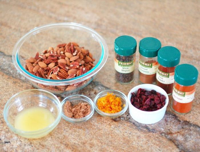 Sweet and Spicy Orange-Scented Nuts are a delicious homemade holiday gift, addition to a cocktail party spread, or anytime snack. Get the gluten-free, dairy-free, vegetarian recipe at JessicaLevinson.com | #EdibleGifts #SpicedNutsRecipe Ingredients for Orange-Scented Nuts