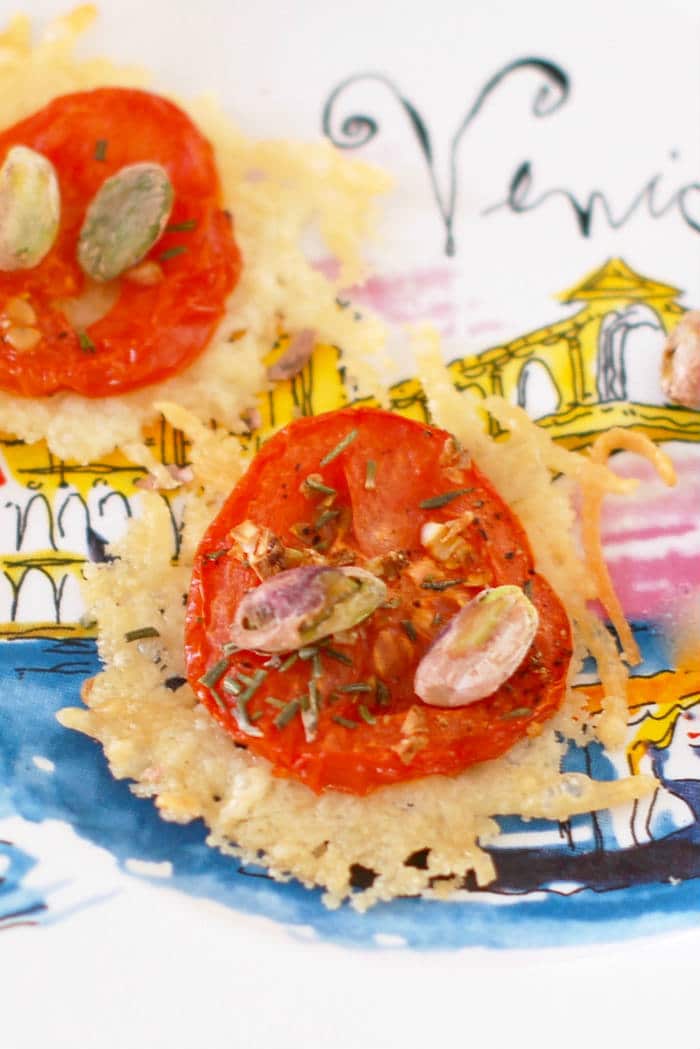 Make a simple yet impressive appetizer in minutes with these Quick and Easy Parmesan Crisps! Get the gluten-free and vegetarian recipe at JessicaLevinson.com | #healthysnacks #healthyappetizer #glutenfree Quick and Easy Parmesan Crisps with Tomato