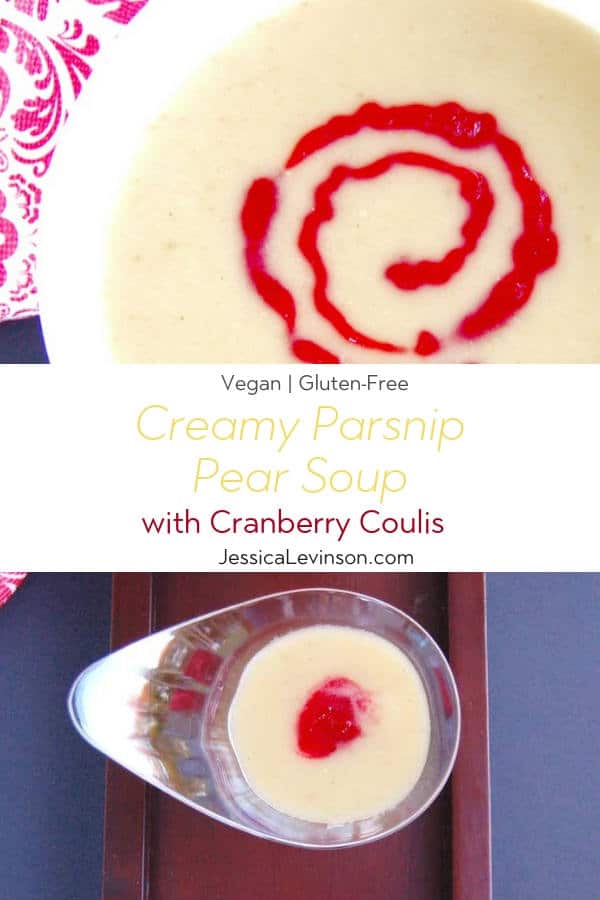 Parsnip pear soup is sweet, savory, and creamy without any cream. A delicious addition to a fall or winter meal. Tart cranberry coulis provides an elegant topping and flavorful contrast to the sweetness of the soup. Serve as an appetizer or in smaller servings as a festive holiday party hors d'oeuvre. Recipe via JessicaLevinson.com #VeganSoup #WinterSoupRecipe #GlutenFreeSoup Creamy Parsnip Pear Soup Recipe with Text Overlay