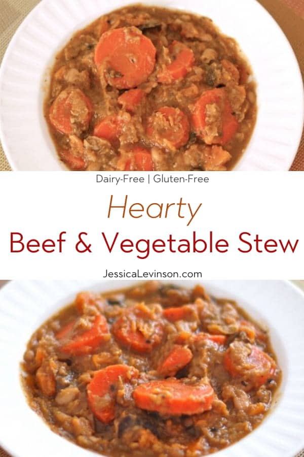 Warm up with a bowl of gluten-free and dairy-free hearty beef and vegetable stew full of nutrients and umami flavor! Recipe via JessicaLevinson.com #BeefandVegetableStew #HeartBeefStewRecipe Hearty Beef and Vegetable Stew Collage with Text Overlay