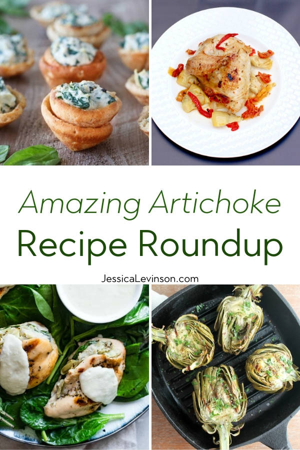 Celebrate the season of artichokes with a collection of 10 amazing artichoke recipes! Get the roundup via JessicaLevinson.com #ArtichokeRecipes #SpringRecipes Artichoke Recipe Roundup with Text overlay