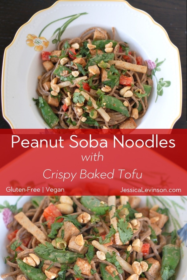 Peanut Soba Noodles combine pantry staples to make a healthier version of a classic takeout favorite. Add in some seasonal vegetables and crispy baked tofu for a balanced meal your family will ask for over and over again! Get the vegan and gluten-free recipe at JessicaLevinson.com | #meatlessmonday #peanutsauce Peanut soba noodles are tossed with oven-baked crispy tofu and vegetables for a vegan and gluten-free weeknight meal your whole family will enjoy.