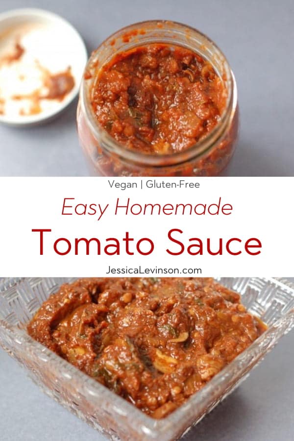 Mushrooms, balsamic vinegar, and tomato paste join together to add a rich, deep umami flavor to this homemade tomato sauce that's lower in sodium than most store-bought varieties. Get the vegan recipe via JessicaLevinson.com #VeganTomatoSauceRecipe #HomemadeTomatoSauceRecipe Easy Homemade Tomato Sauce Recipe Collage with Text Overlay