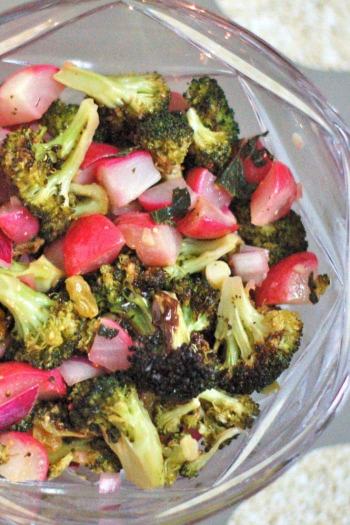 Whip up this Roasted Broccoli Radish Salad with Lemon Mint Vinaigrette for a quick and easy side dish for your next barbecue or any weeknight meal. via JessicaLevinson.com #broccolisalad #healthysidedish Roasted Broccoli Radish Salad Close Up