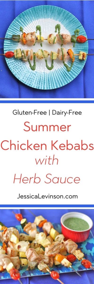 Summer Chicken Kebabs with Herb Sauce | Jessica Levinson, MS, RDN, CDN Veggie and protein-packed, these chicken kebabs with herb sauce are the perfect summer dinner on the grill! via JessicaLevinson.com | #glutenfree #dairyfree #chickenrecipes #kosher #grillingrecipes #summerrecipes #healthyrecipes