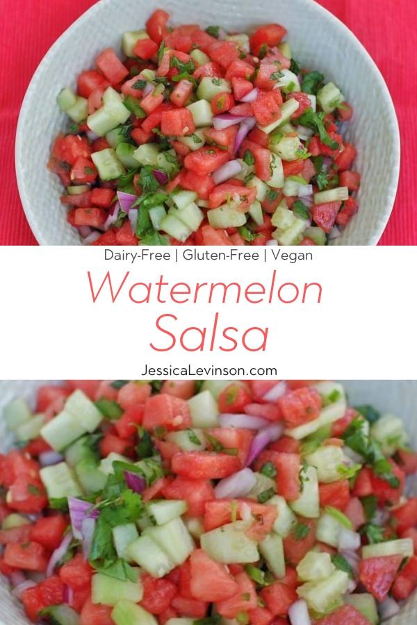 Flavorful and refreshing watermelon salsa is a fun summer twist on a classic. Serve with chips, over fish or beef tacos, on top of salads, or with grilled chicken. Get the gluten-free and vegan recipe at JessicaLevinson.com #WatermelonSalsaRecipe #SummerSalsa #SummerRecipes Watermelon Salsa Recipe Collage with Text Overlay