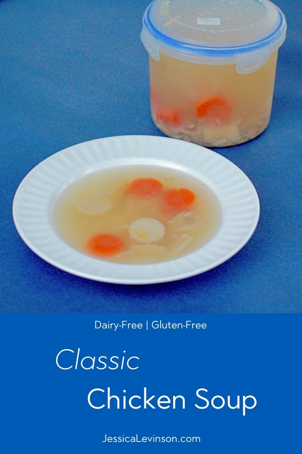 A family favorite, traditional chicken soup is soothing and delicious. Perfect to start any Jewish holiday meal or to cure a cold. Recipe at JessicaLevinson.com | #GlutenFree #DairyFree #EggFree #kosher #jewishfood #chickensoup #soup A family favorite, classic chicken soup is soothing and delicious. Perfect to cure a cold or start a Jewish holiday meal.