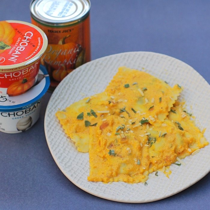 Enjoy pumpkin beyond dessert with this creamy, yogurt-based pumpkin sauce, a delicious coating for ravioli or your favorite pasta. Get the recipe at JessicaLevinson.com | #pumpkin #pumpkinspice #vegetarianrecipes #glutenfreerecipes creamy gluten-free vegetarian pumpkin sauce is delicious on pasta or ravioli