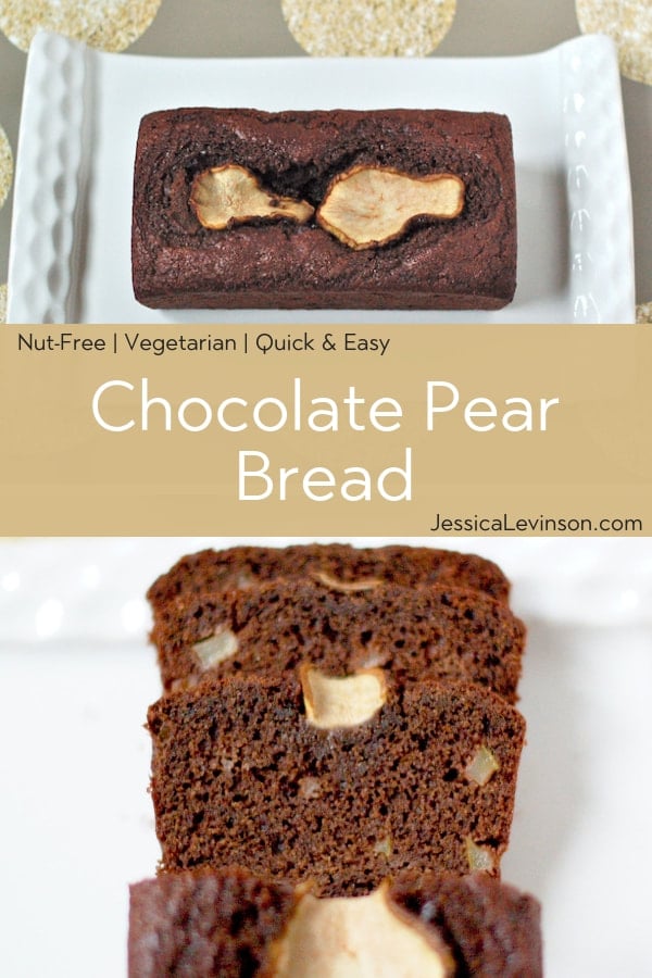 Rich Chocolate Pear Bread looks decadent, but it's full of good-for-you ingredients. An easy to make and delicious addition to brunch or a holiday party. Get the recipe at JessicaLevinson.com | #chocolate #brunch Rich chocolate pear bread is easy to make, moist, and delicious. Plus it’s a good source of fiber and calcium. Vegetarian and nut-free.