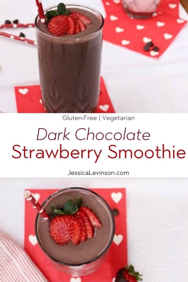 Dark chocolate, creamy greek yogurt, and sweet strawberries are the perfect combination in this frosty, high protein and heart-healthy Valentine's Day Dark Chocolate Strawberry Smoothie! Get the gluten-free and vegetarian recipe via JessicaLevinson.com | #strawberrysmoothierecipe #chocolatesmoothie #proteinsmoothie Dark Chocolate Strawberry Smoothie Recipe with Text Overlay