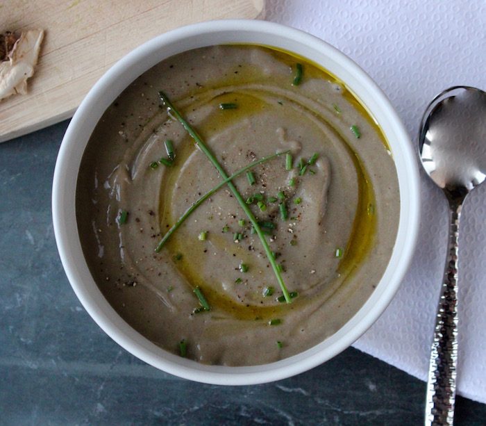 Creamy Pureed Mushroom Soup | Jessica Levinson, MS, RDN, CDN Satisfy your cravings for an umami-rich meal with this gluten-free and vegetarian thick and creamy pureed mushroom soup - no cream added!| Get the recipe at JessicaLevinson.com. | #mushroomsoup #mushroomrecipes #souprecipes #MushroomADay