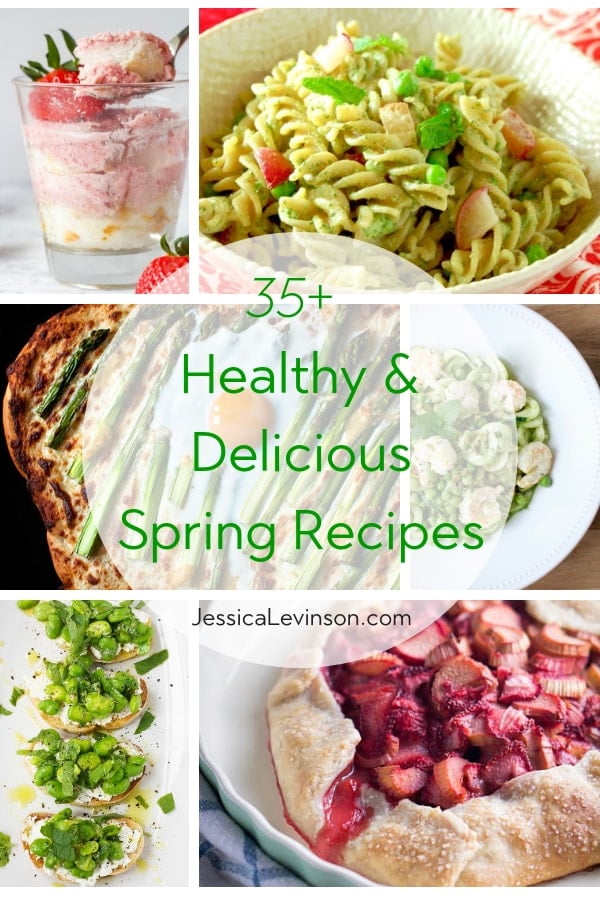 Get busy in the kitchen this spring with over 35 recipes featuring all your spring produce favorites including asparagus, fava beans, strawberries, apricots, and more! Get this spring recipe roundup at JessicaLevinson.com | #spring #springrecipes collage of photos for spring recipe roundup
