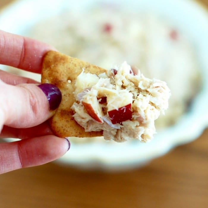 Apple Cranberry Tuna Salad | Upgrade your classic tuna salad with crunchy apples and a touch of sweetness from dried cranberries for a high-protein, omega-3-rich lunch. Get the gluten-free and dairy-free recipe via JessicaLevinson.com #HealthyTunaSalad #DairyFreeTunaSalad Apple Cranberry Tuna Salad on Cracker