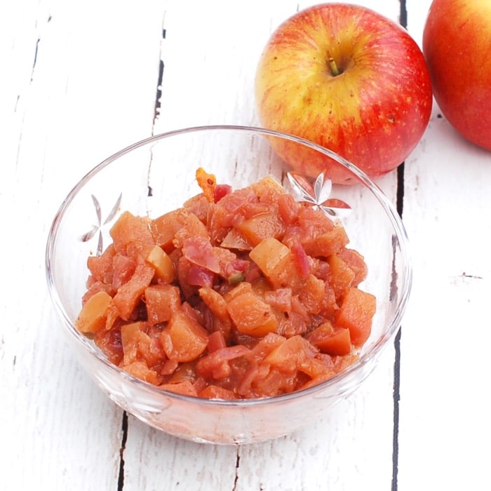 This sweet and spicy, low-sugar apple chutney is full of flavor and a delicious homemade condiment to serve with chicken, fish, and meat. It's also a great addition to a cheese plate. lower sugar homemade apple chutney