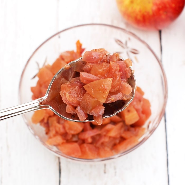 This sweet and spicy, low-sugar apple chutney is full of flavor and a delicious homemade condiment to serve with chicken, fish, and meat. It's also a great addition to a cheese plate. quick and easy homemade low-sugar apple chutney