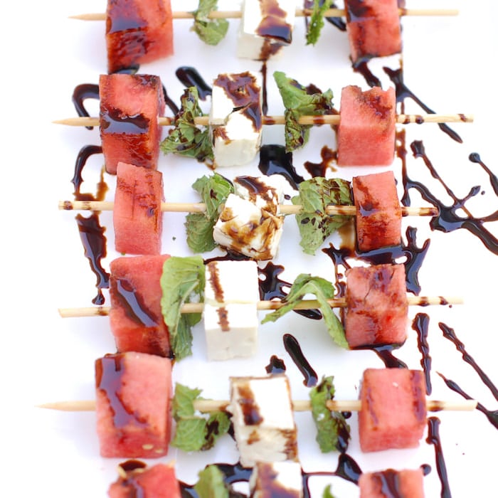watermelon, feta cheese, and mint kebabs with balsamic glaze