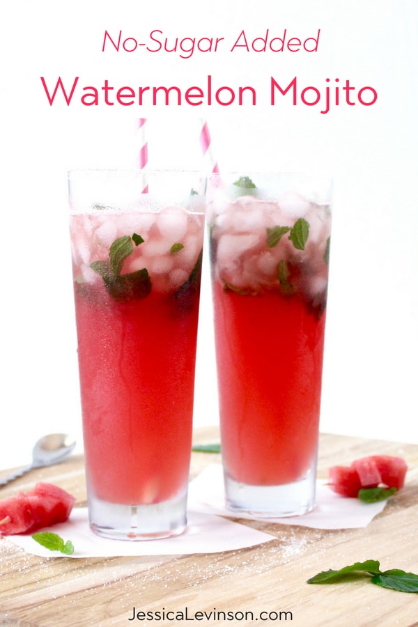 Watermelon Mojito | Jessica Levinson, MS, RDN, CDN Sit back and relax this summer with a delicious and refreshing no-sugar added watermelon mojito full of the fresh flavors of summer! Recipe via JessicaLevinson.com | #mojito #summercocktails #cocktails #watermelon #noaddedsugar