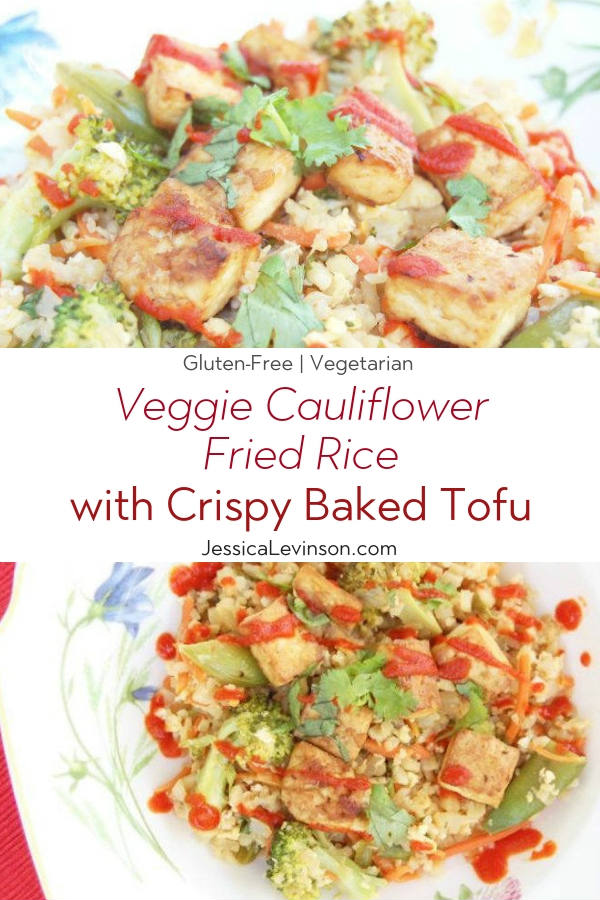 This cauliflower fried rice is packed with vegetables and protein, and is much healthier than the classic Chinese take-out version. Get the Vegetarian, Vegan-friendly & Gluten-free recipe via JessicaLevinson.com #CauliflowerFriedRiceRecipe #CauliflowerRice Cauliflower Fried Rice with Text Overlay