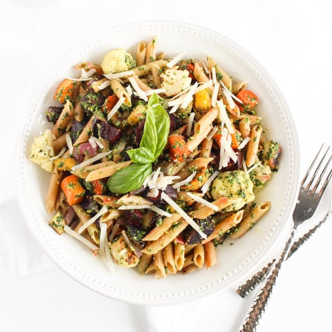 Overhead Bowl Roasted Root Vegetable Pasta