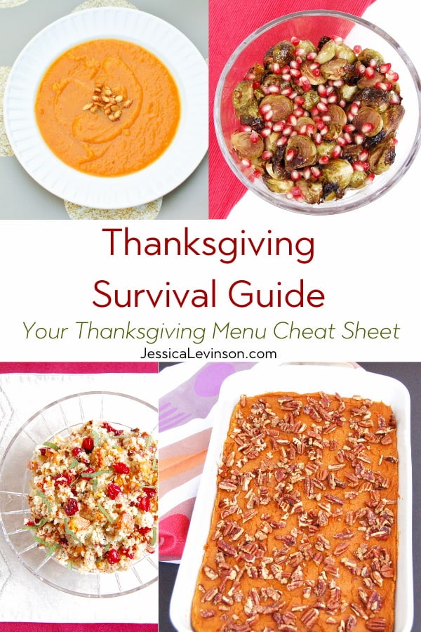 Don't stress about your Thanksgiving menu this year. All the recipes you need are in one place in this Thanksgiving Survival Guide. via JessicaLevinson.com | #thanksgiving #thanksgivingrecipes #holidaysmadeeasy #menuplanning Thanksgiving survival guide healthier recipes