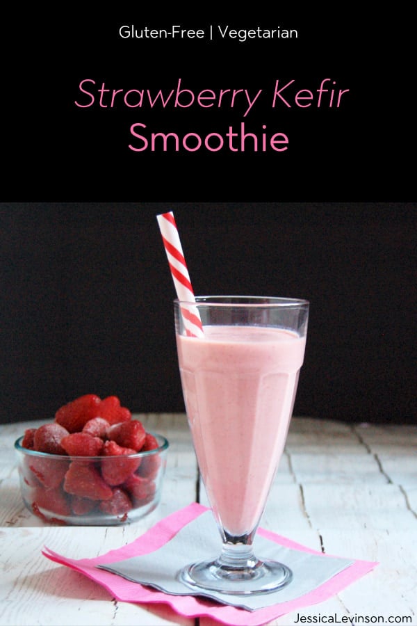 This bright and creamy Strawberry Kefir Smoothie is filled with good-for-your-gut probiotics and is a quick and easy breakfast or snack that will satisfy your tastebuds. Get the recipe at JessicaLevinson.com | #glutenfree #vegetarian #kefir #probiotics #smoothies #strawberries #quickandeasy #recipes Strawberry Kefir Smoothie with text overlay