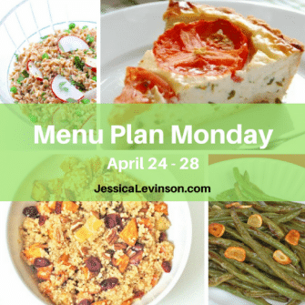 Nutritioulicious Menu Plan Monday week of April 24, 2017, Tomato Pie with Rosemary Parmesan Crust @trishagrrl, Spring Pea & Radish Farro Salad, Spiced Quinoa Salad, Garlicky Green Beans, Lentil Chickpea Vegetable Salad with Feta, and Roasted Chicken with Red Peppers, Artichokes, and Sun-Dried Tomatoes @jlevinsonrd.