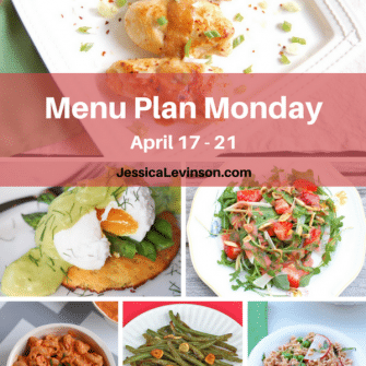 Nutritioulicious Menu Plan Monday week of April 17, 2017, including Asparagus Egg Benedict @rwallace4, Miso-Glazed Chicken, Strawberry Arugula Salad, Creamy Roasted Red Pepper and Tomato Pasta, Garlicky Green Beans, and Spring Pea Farro Salad @jlevinsonrd.