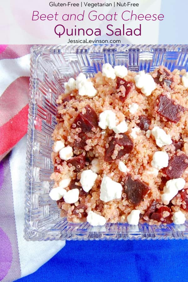 Beet and Goat Cheese Quinoa Salad is a simple pairing for a quick and easy lunch. Delicious on its own, over a bed of greens, or as a side dish next to your main course. Get the vegetarian, gluten-free, and nut-free recipe via JessicaLevinson.com #QuinoaSaladRecipe #BeetandGoatCheeseSalad Beet and Goat Cheese Quinoa Salad Recipe with Text Overlay