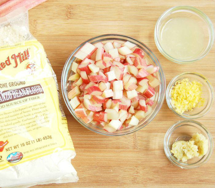 ingredients for rhubarb muffins Ingredients for Rhubarb Ginger Lemon Muffins: chickpea flour, rhubarb, lemon juice, lemon zest, ginger