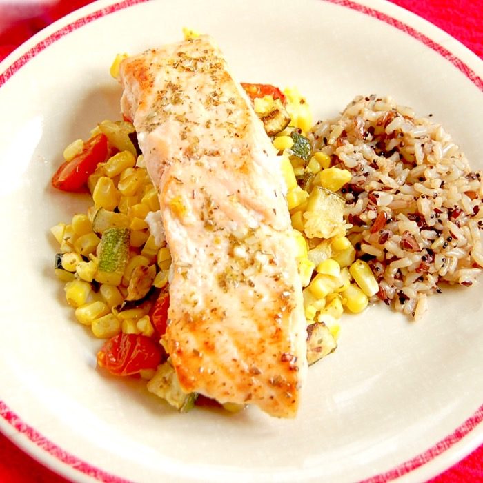 Mediterranean Sheet Pan Salmon with Zucchini, Corn, and Tomatoes | Jessica Levinson, MS, RDN, CDN Mediterranean Sheet Pan Salmon with Zucchini, Corn, and Tomatoes is quick and easy to make and clean up. A perfect weeknight dinner for busy families. Get the recipe at JessicaLevinson.com | #glutenfree #dairyfree #eggfree #nutfree #salmon #recipe #sheetpanmeal #sheetpandinner #zucchini #corn #tomatoes #summerrecipes #summerveggies