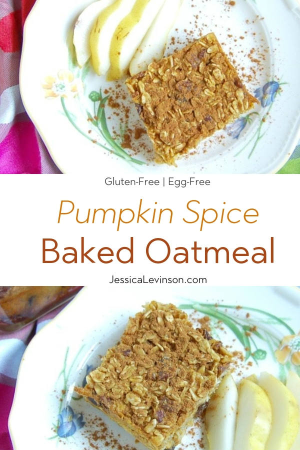 Forget about the PSL! A piece of this pumpkin spice baked oatmeal with pecans and raisins is all you need for breakfast this fall! Recipe via JessicaLevinson.com | #PumpkinOatmealRecipe #MakeAheadBreakfast #BakedOatmealRecipe Pumpkin Spice Baked Oatmeal with Text Overlay