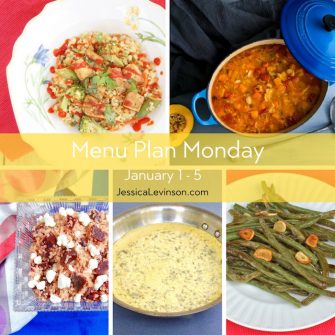 Menu Plan Monday week of January 1, 2018, including Veggie Cauliflower Fried Rice with Crispy Baked Tofu, Minestrone Soup, Farinata, Beet & Goat Cheese Quinoa Salad, Brussels Sprouts with Pomegranate Glaze, and Roasted Garlicky Green Beans.