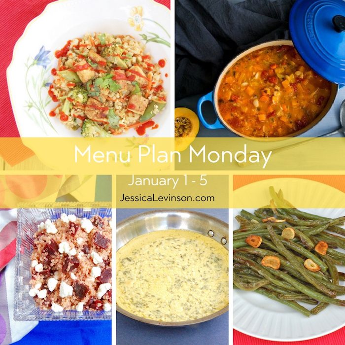 Menu Plan Monday: January 1, 2018 | Jessica Levinson, MS, RDN, CDN Menu Plan Monday week of January 1, 2018, including Veggie Cauliflower Fried Rice with Crispy Baked Tofu, Minestrone Soup, Farinata, Beet & Goat Cheese Quinoa Salad, Brussels Sprouts with Pomegranate Glaze, and Roasted Garlicky Green Beans.