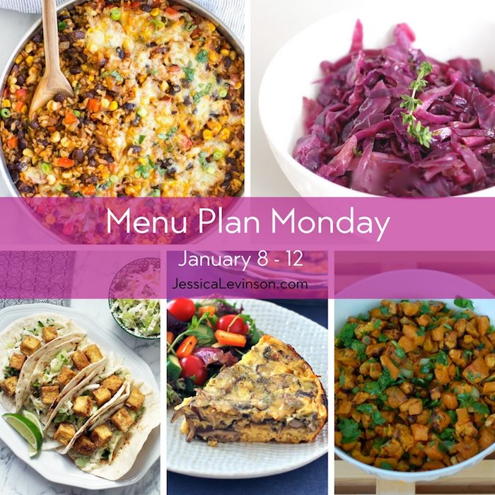 Menu Plan Monday: January 8, 2018 | Jessica Levinson, MS, RDN, CDN Menu Plan Monday week of January 8, 2018, including One Skillet Mexican Rice Casserole, Braised Cabbage and Apples, Crispy Tofu Tacos with Asian Pear Slaw, Baked Mushroom Leek Frittata, and Sweet Potato Salad.