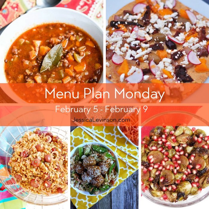 Menu Plan Monday: February 8, 2018 | Jessica Levinson, MS, RDN, CDN Menu Plan Monday week of February 5, 2018, including Greek lentil soup, Mediterranean hummus flatbread, roasted grape farro salad, Asian meatballs with veggie fried rice, and roasted Brussels sprouts with pomegranate glaze.