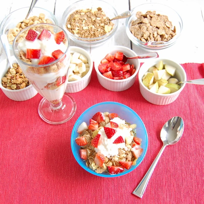 yogurt or cottage cheese parfaits topped with fruit and whole grain cereals are one of many healthy breakfasts to get out the door in the morning Yogurt and cottage cheese parfait with whole grain cereal and fruit