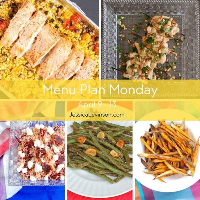 Menu Plan Monday: April 9, 2018 | Jessica Levinson, MS, RDN, CDN Menu Plan Monday week of April 9, 2018, including Mediterranean Sheet Pan Salmon, Thai Chicken Satay, Beet and Goat Cheese Quinoa Salad, Garlicky Green Beans, and Crispy Baked Sweet Potato Fries. Get the full menu plan at JessicaLevinson.com.