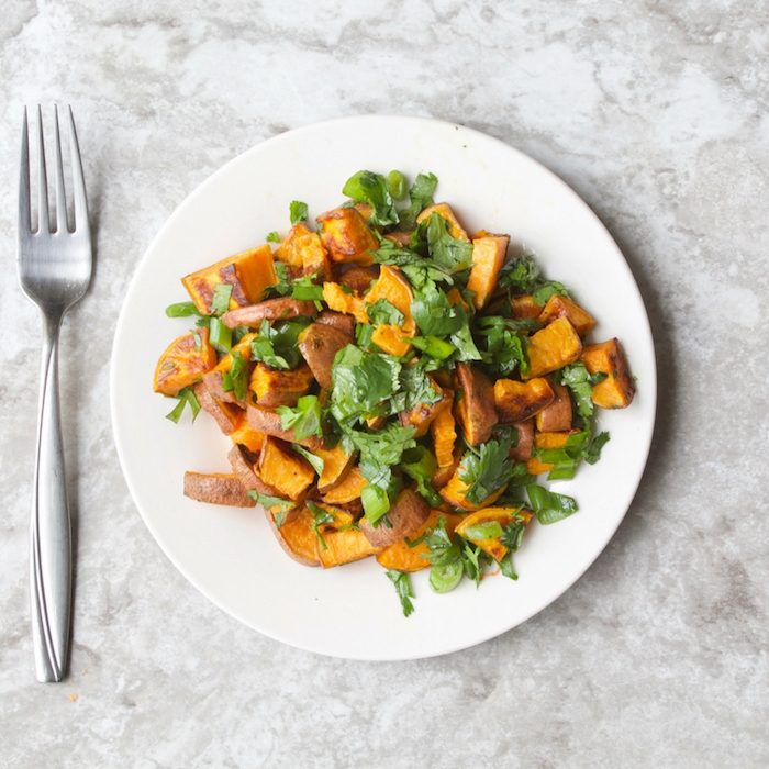 Roasted Sweet Potato Salad Lighten up classic potato salad with roasted sweet potato salad tossed with cilantro, scallions, and a honey lime vinaigrette via JessicaLevinson.com