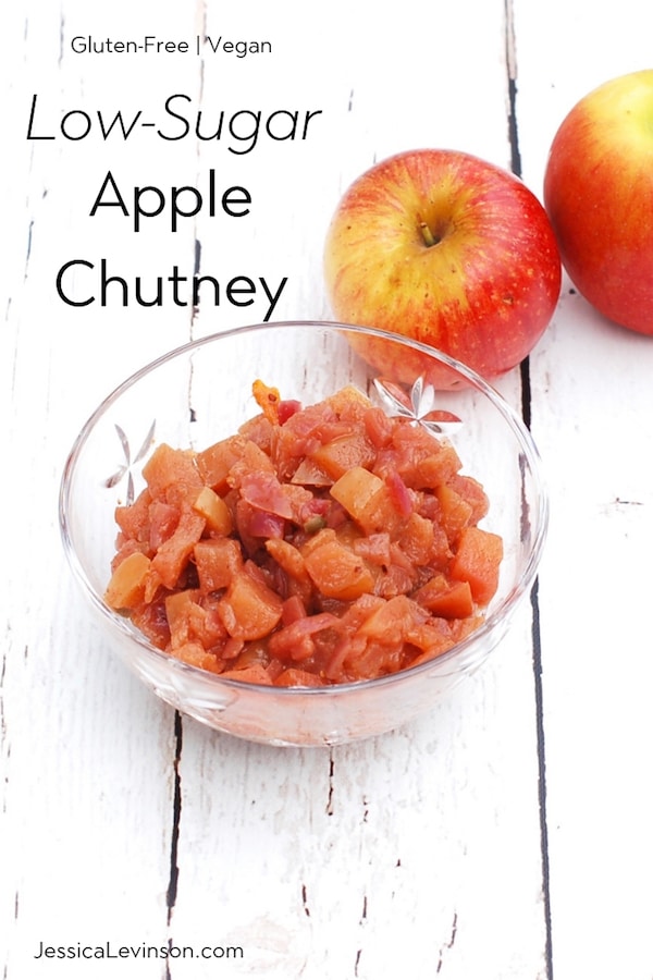 This sweet and spicy, low-sugar apple chutney is full of flavor and a delicious homemade condiment to serve with chicken, fish, and meat. It's also a great addition to a cheese plate. Recipe at JessicaLevinson.com | #apples #glutenfreerecipes #veganrecipes #chutney #lowsugar #homemade #condiments #sauces #vegetarian This sweet and spicy, low-sugar apple chutney is full of flavor and a delicious homemade condiment to serve with chicken, fish, and meat. It's also a great addition to a cheese plate.